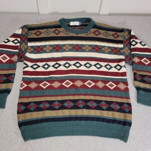 VINTAGE Bill Blass Sweater Mens L Fair Isle Knit Framed USA Christmas Chunky Fit